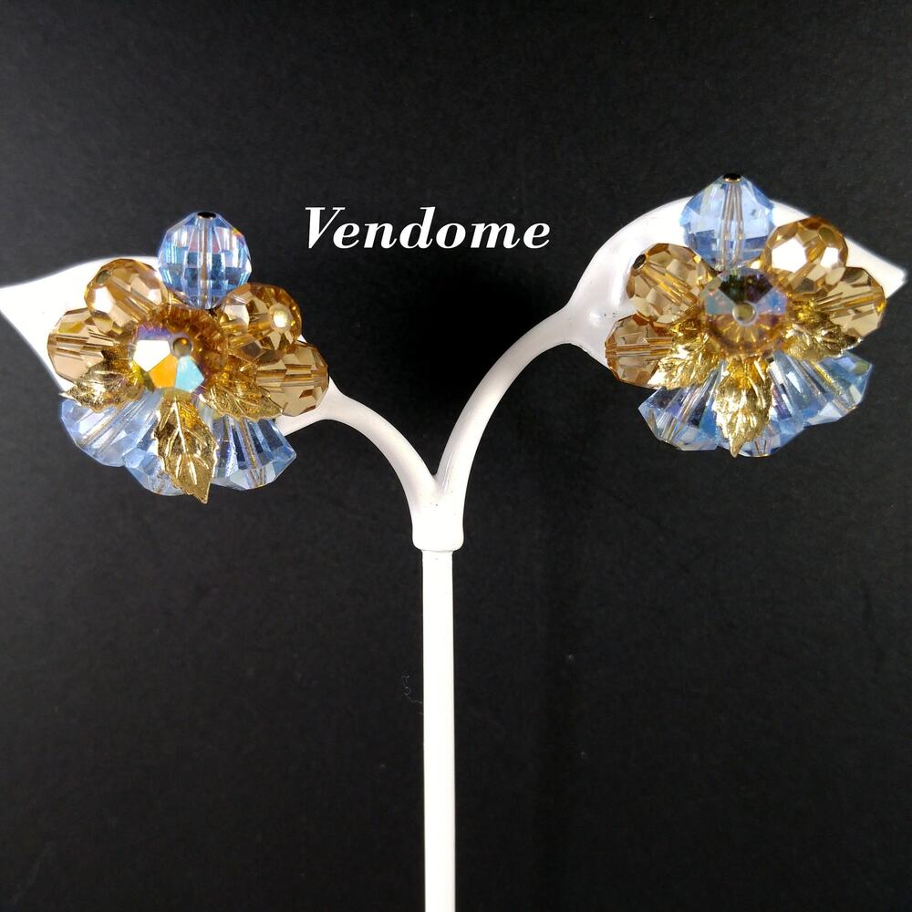 Vendome Blue & Gold Crystal Beaded Clip Earrings, Gold Plated, 1960s Vintage